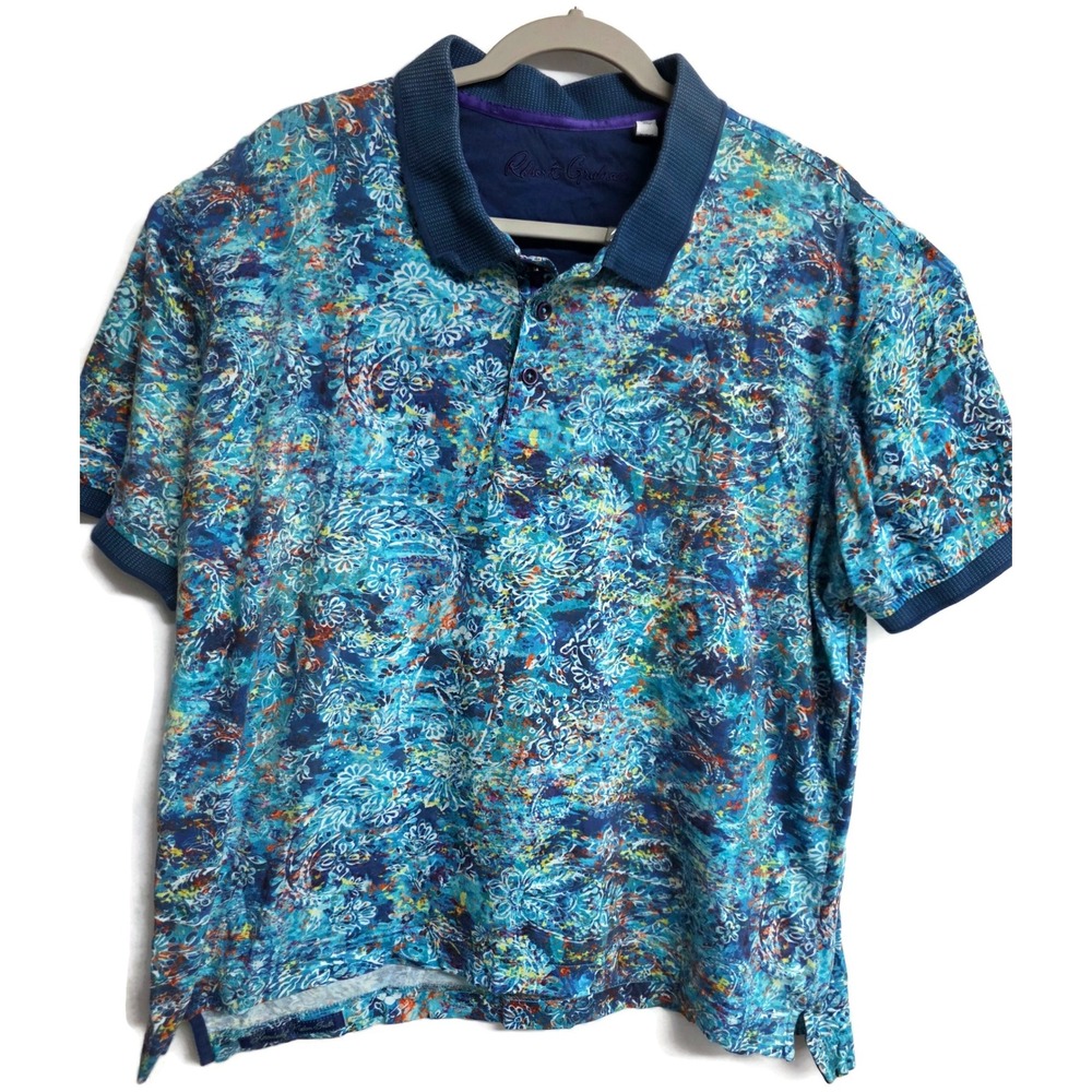 Robert Graham Mens 2XL Blue Abstract Paisley Floral Cotton Short Sleeve Polo
